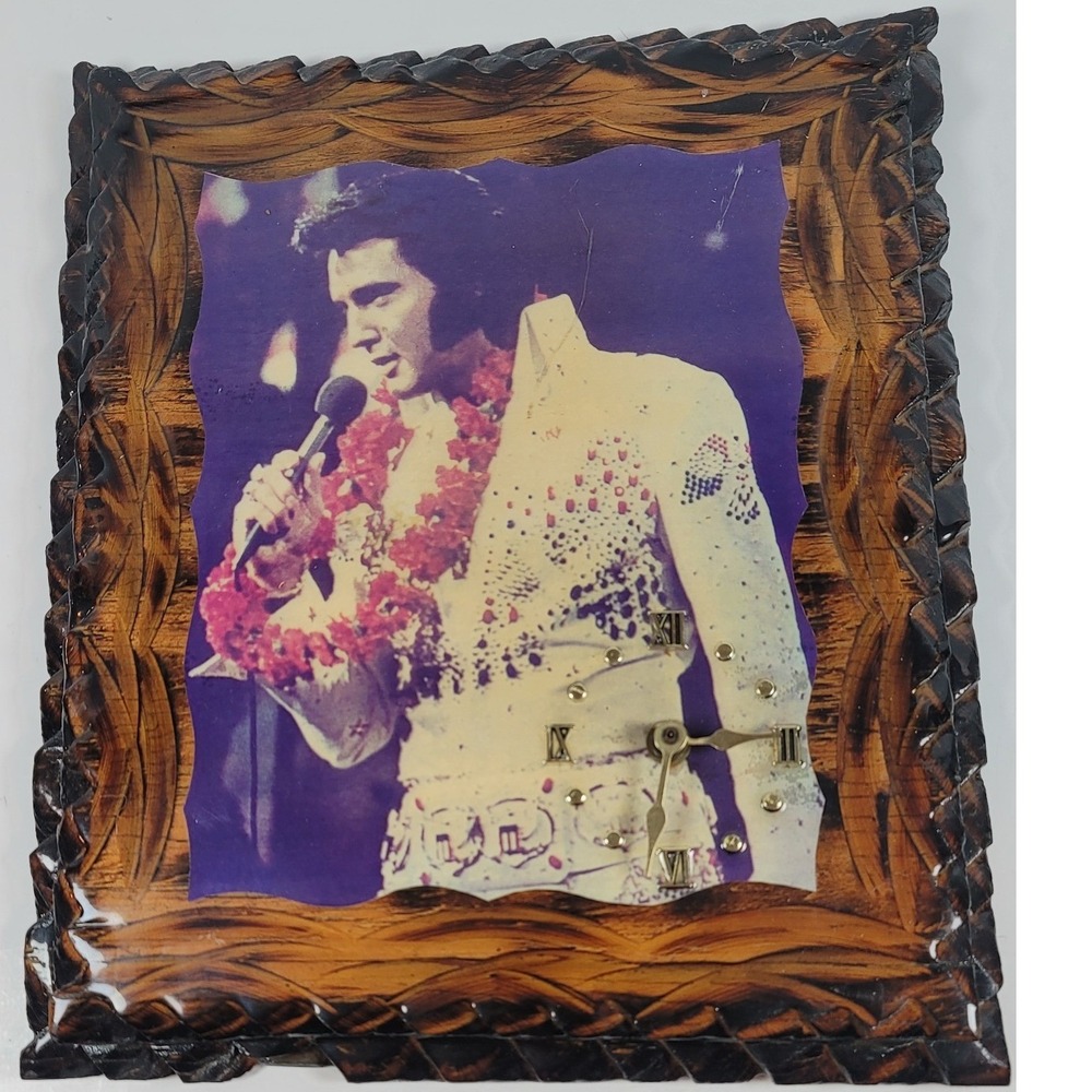 Vintage Elvis Presley Wood Plaque Wall Clock Hand Carved Glossy Folk Art Decor